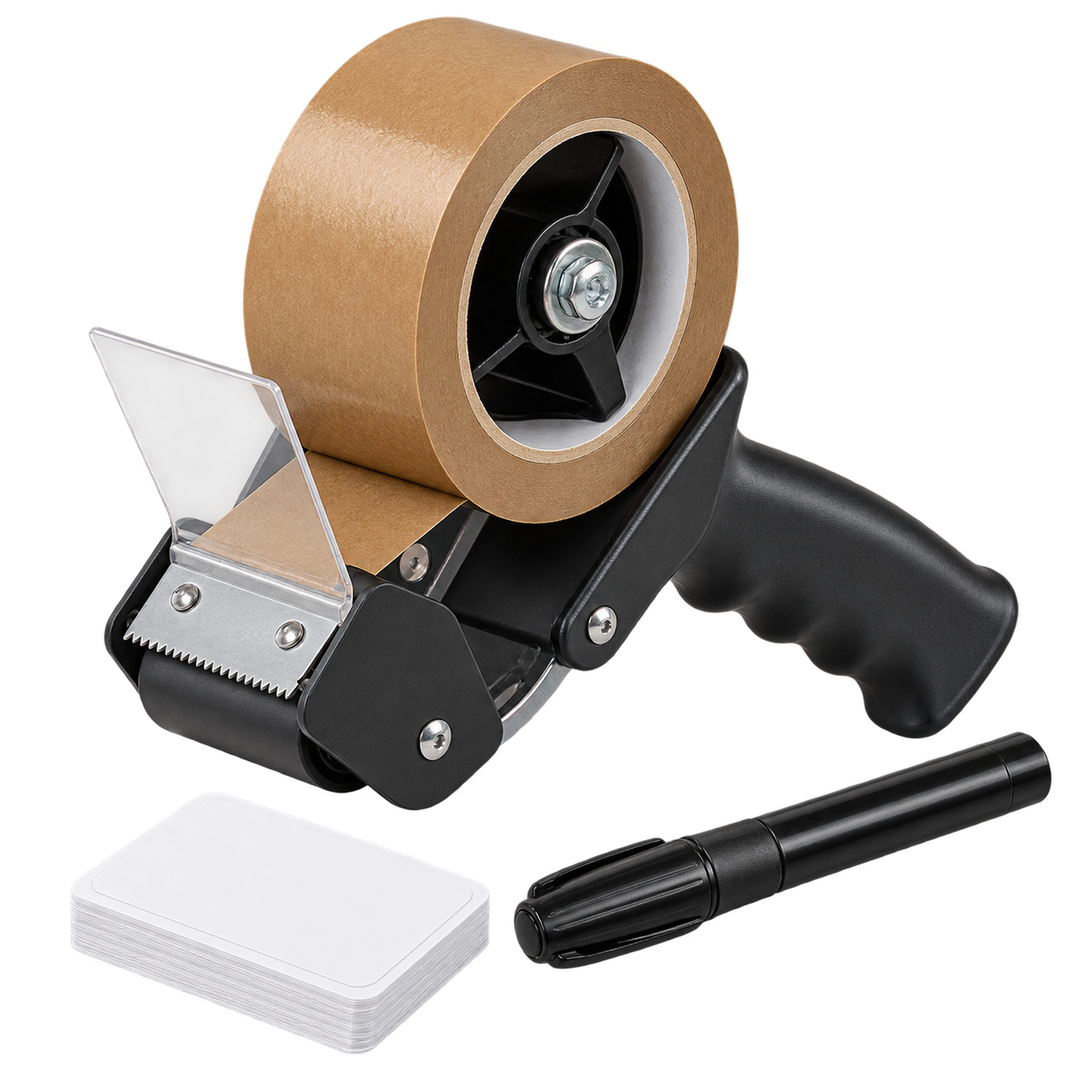 Packing tape dispenser, marker and moving labels